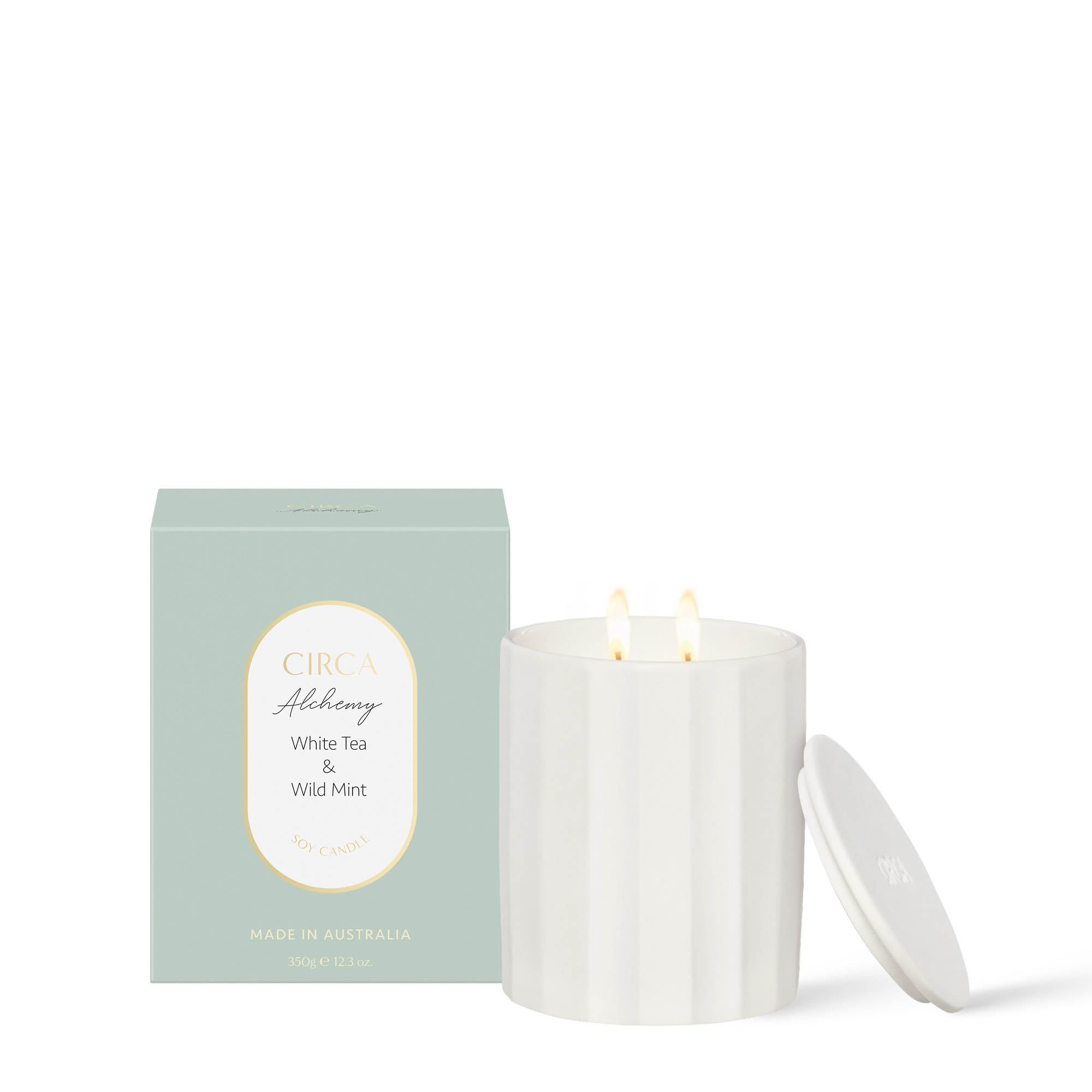Circa Alchemy White Tea & Wild Mint 350g ceramic candle front of pack
