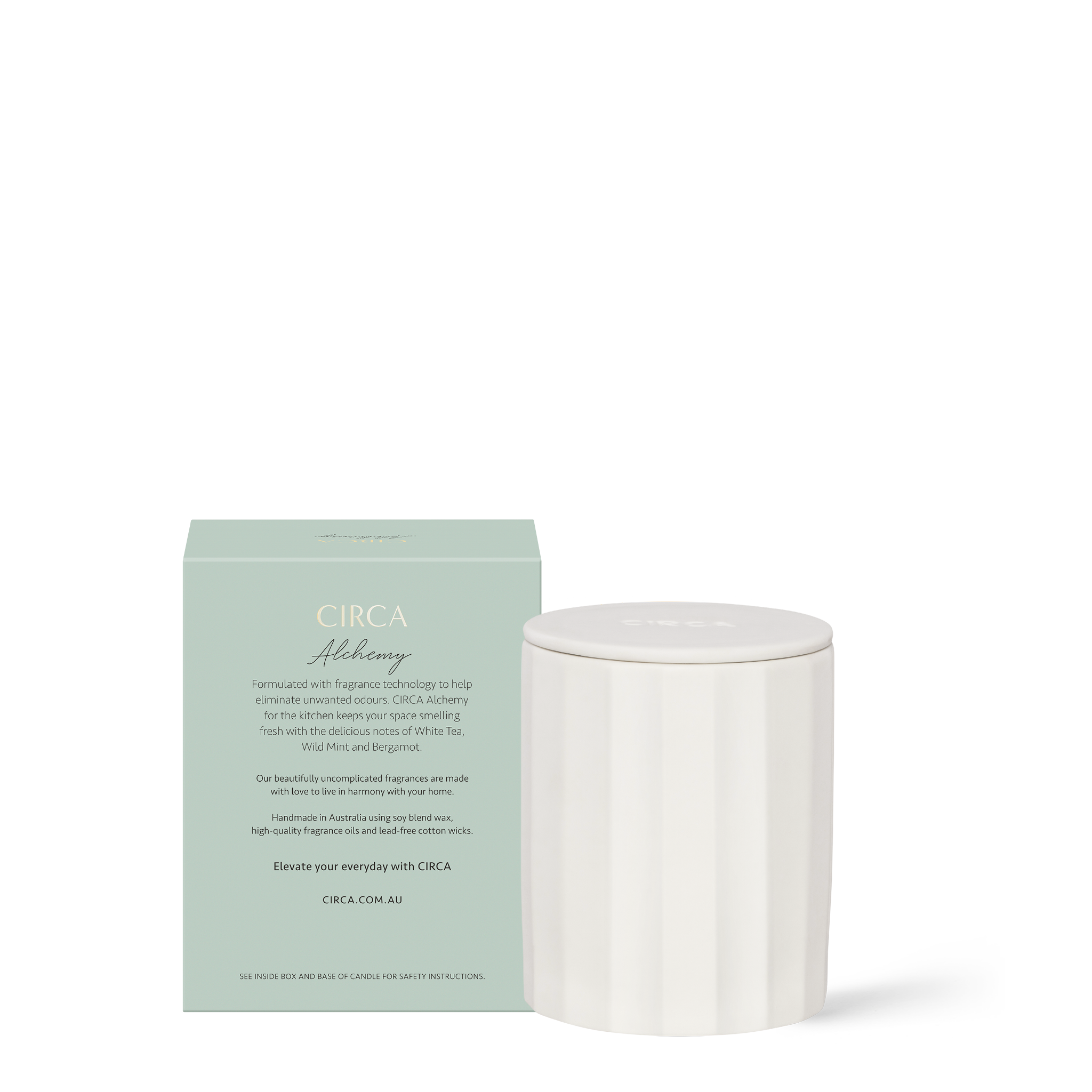 Circa Alchemy White Tea & Wild Mint 350g ceramic candle back of pack
