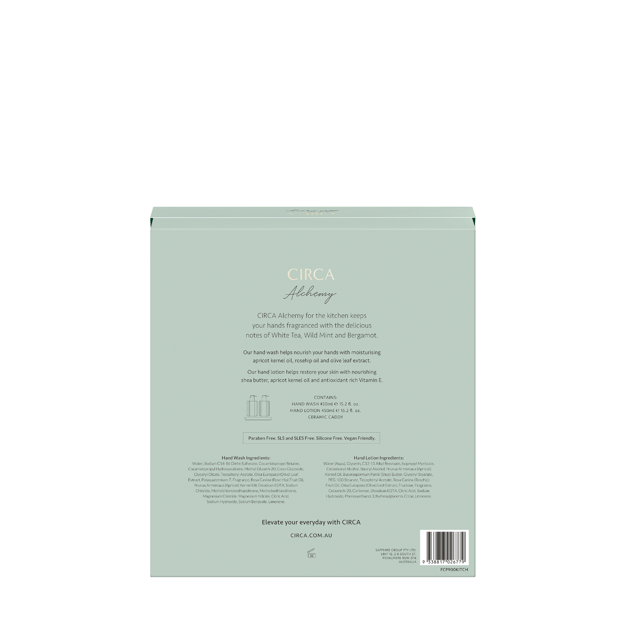 Circa Alchemy White Tea & Wild Mint 450ml hand care duo back of product