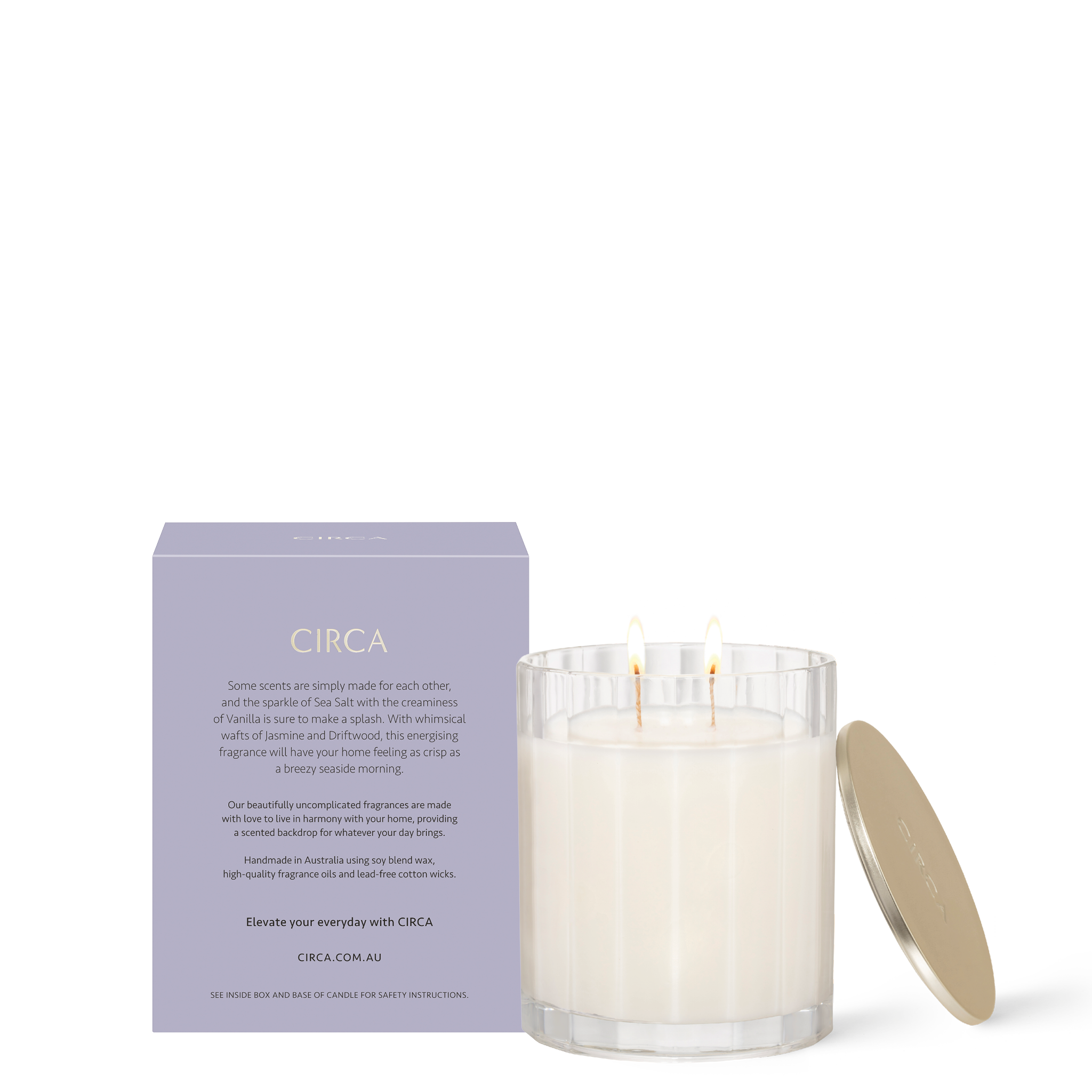 CIRCA Sea Salt and Vanilla 350g Soy Candle burning beside box - back of product shot