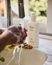 White Tea & Wild Mint Hand Wash beside a kitchen sink during hand washing