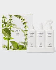 CIRCA White Tea & Wild Mint Kitchen Trio with three bottles, draining tray and botanical box, centred view
