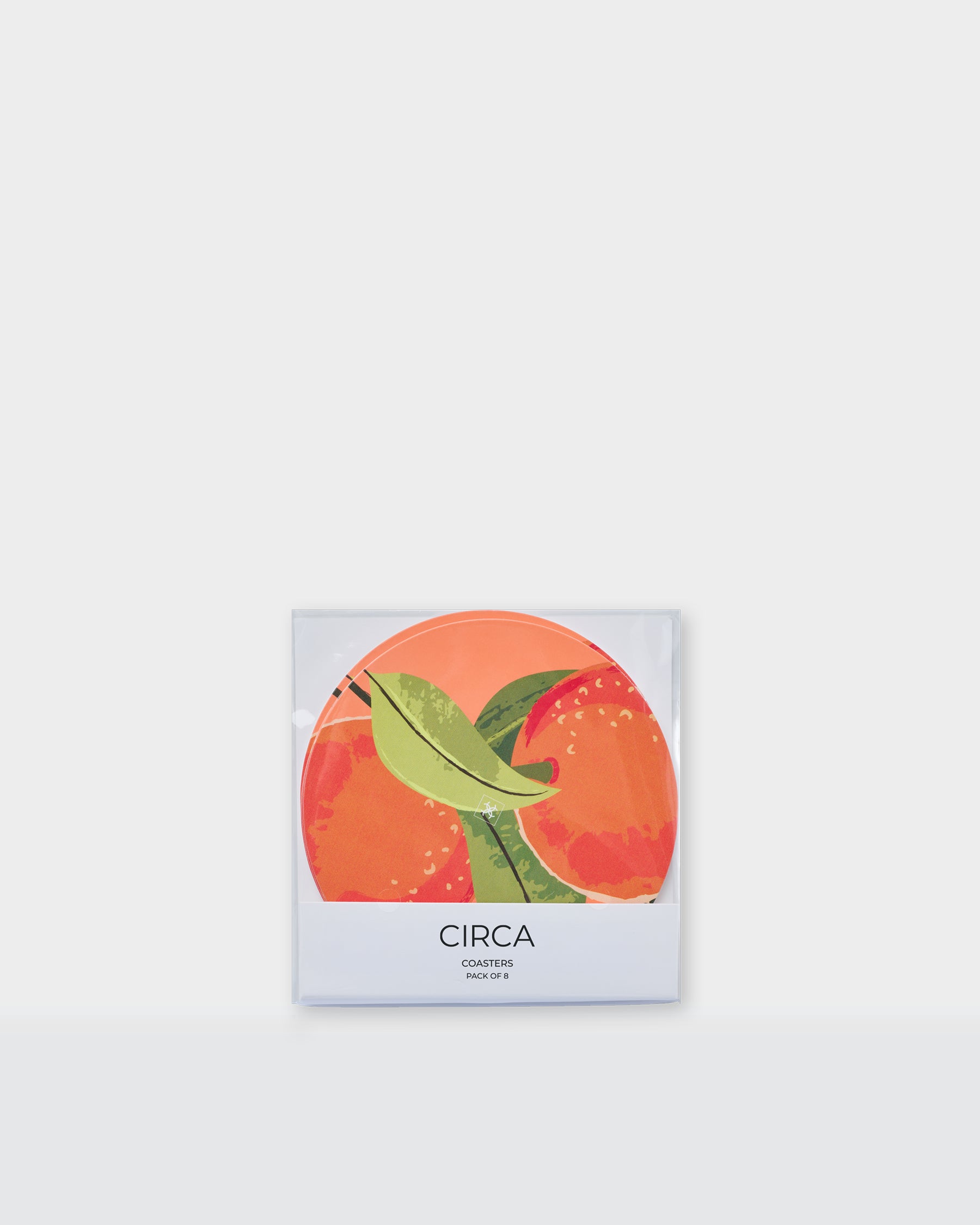 Round Summer paper coasters with a colourful fruit and green leaf print.