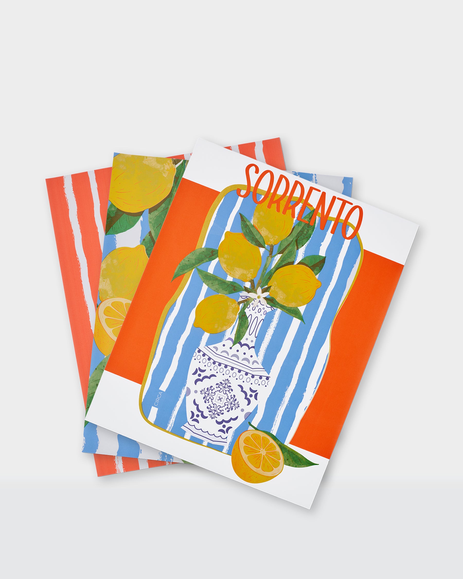 Summer greaseproof paper featuring lemons, colourful stripes and a Sorrento illustration.