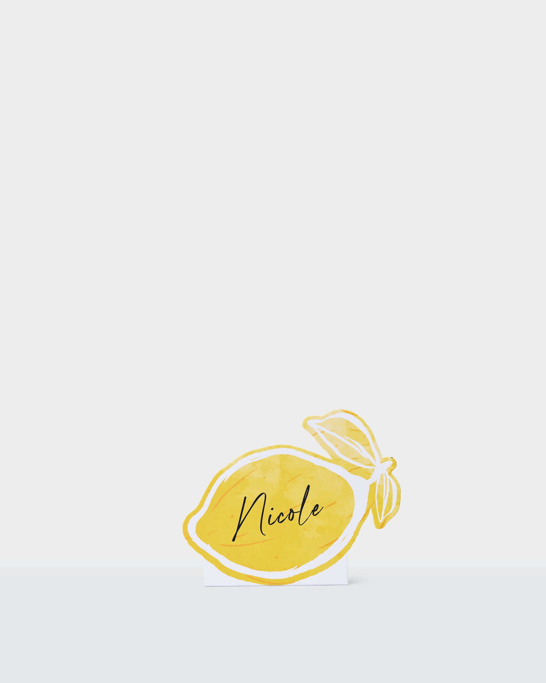 Summer paper name cards with a yellow lemon and illustrated bow design.