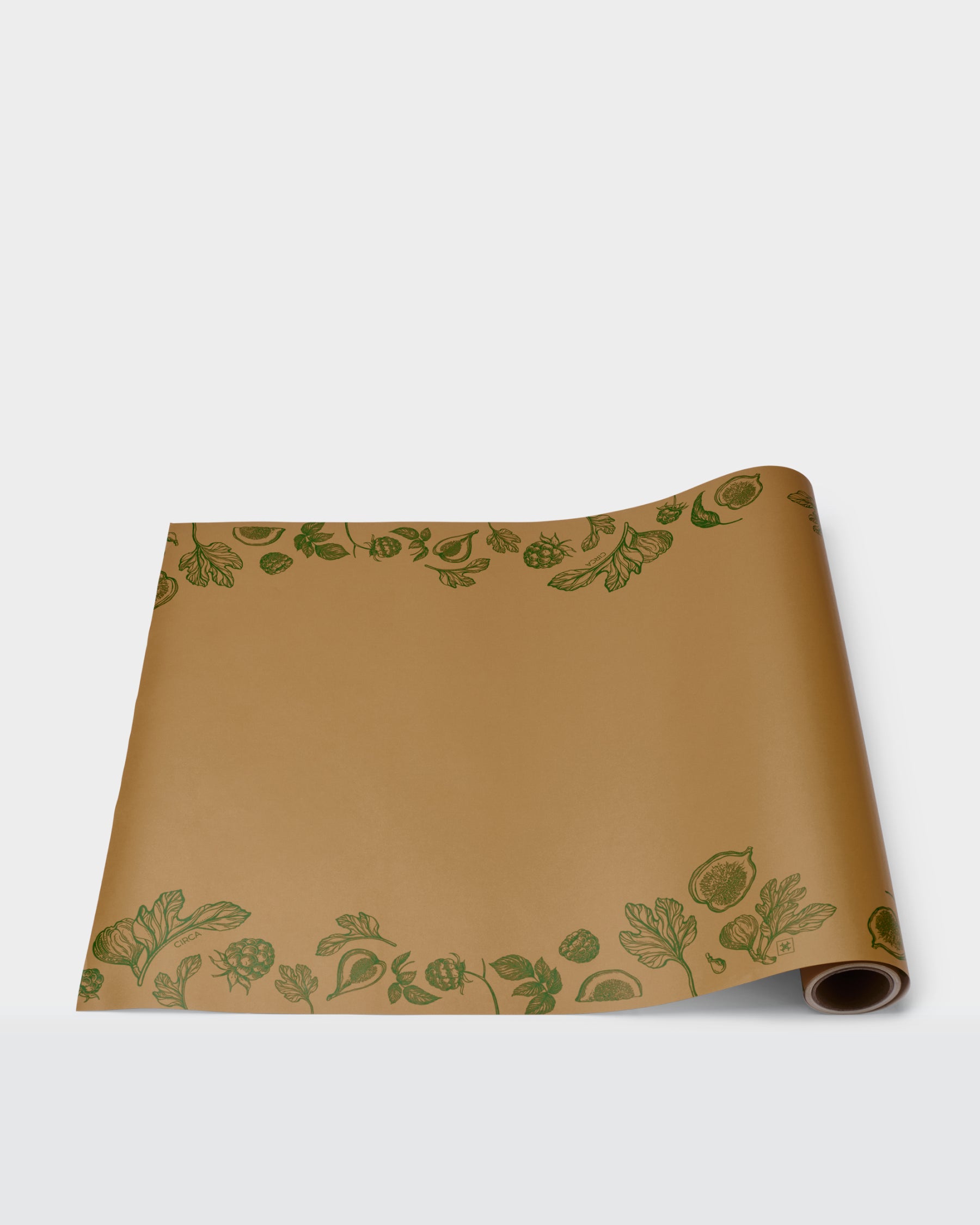 Festive paper table runner in warm brown with green botanical borders.