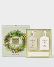 Mango & Papaya Hand Wash, Hand Lotion and ceramic tray presented in an open botanical Christmas gift box.