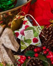 Raspberry & Rhubarb star-shaped hanging gift packaging nestled among Christmas greenery and decorations.