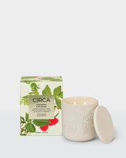 Raspberry & Rhubarb 300g Soy Candle with embossed ceramic vessel and lid beside its front-facing raspberry-print box.